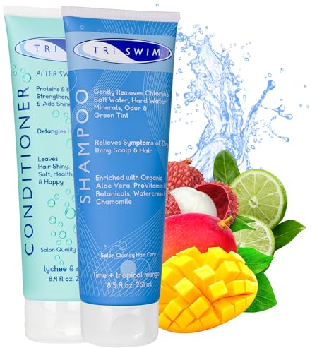 TRISWIM - Lote de champú y acondicionador para después de nadar, tratamiento capilar anticloro para nadadores, elimina el tinte verde, vegano y libre de crueldad animal (251+250 ml)