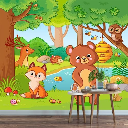 GIVLWF Papier Peint Intissé de Renard Et Ours Dans La Forêt, Animaux Sauvages De Style Dessin Animé Déco de La Maison - Pour Salon Chambre D'enfant Décoration Murale 430 x 300 cm