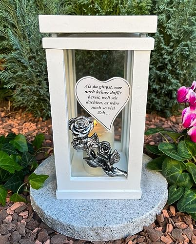Lampada funeraria lanterna bianca con rosa e cuore con testo – candela funeraria decorazione funeraria 27 cm H. decorazione funeraria nuovo modello senza base.