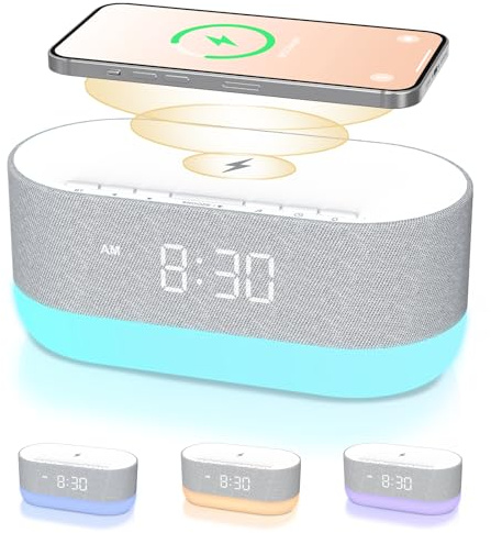 HOUSBAY 3 in 1 Sound Machine Alarm Clock& Wireless Charger: Soothing White Noise, Bluetooth Music Relaxation & Customized Sleep-Wake Routine