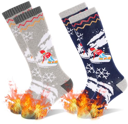 GRPSKCOS Kids Ski Socks, 2 Pairs Warm Thick Thermal Snowboard Skating Socks for Boys Toddler 3-12 Years(Navy + grey- 2 Pairs, 7-12 Years)