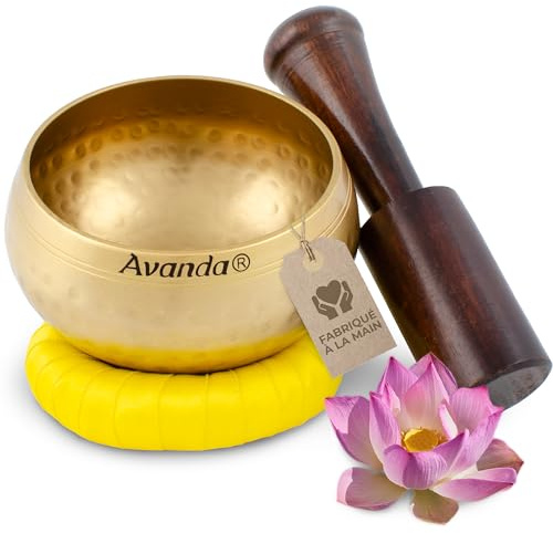 Tibetisches Klangschale-Set für Yoga, Meditation und Entspannung - Gehämmerte tibetische Klangschale Ø 8 cm, Mangoholz-Schlägel und Ring-Kissen Gelb