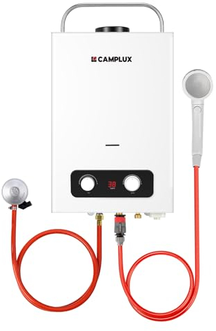 CAMPLUX Scaldabagno a Gas 6 L/min con Maniglia, per Doccia da Campeggio/RV/Lavaggio Cavallo, Gas Propano (37 mbar)/ Butano (28-30 mbar), BD158