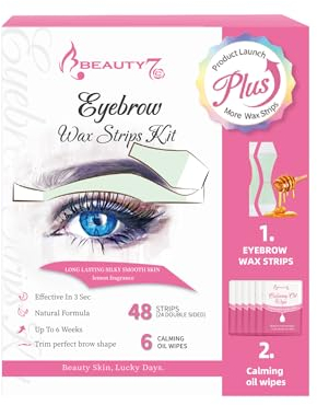 Beauty7 Kaltwachsstreifen für Gesicht, 48 Streifen, Enthaarungsstreifen, Augenbrauen und Lippen, normale Haut, Gesichtswachs, Enthaarung mit 6 beruhigenden Reinigungstüchern