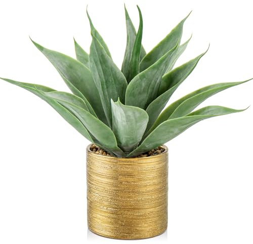 Hollyone 13 Artificial Aloe Fake Potted Plant, Faux Aloe in Brushed Gold Pot Decorative Artificial Succulent for Home Decor, Living Room, Kitchen, Office Desk, Table, Bathroom Decorations