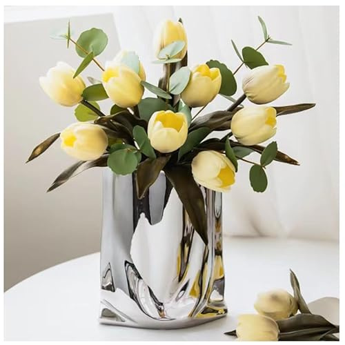 Ceramic Flower Vase, Crinkle Paper Shape, Silver Metal, Decorative Home Accent (Small)