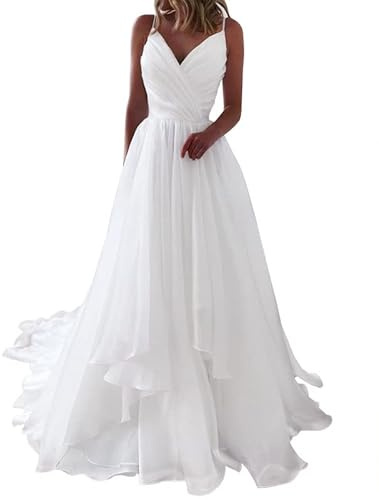 Abiti da Sposa Lungo Semplice Beach Abito da Sposa Spaghetti Straps Chiffon Abiti da Sera, SEVENYXX, Bianco, 44