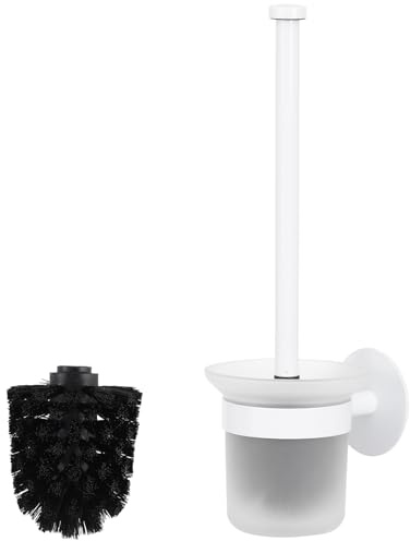 MaxDoux Escobilla de inodoro sin taladrar, montaje en pared, con soporte, acero inoxidable y cristal, soporte para escobilla de inodoro, para baño y inodoro, incluye cepillo de repuesto, color blanco