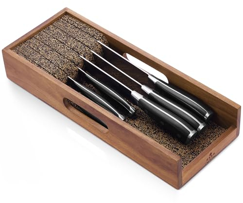 Enoking Knife Drawer Organiser, in Drawer Knife Block with Cork Dividers, Acacia Wood Knife Holder for Drawer, Knife Organiser in Drawer for Store Knives and Kitchen Utensils