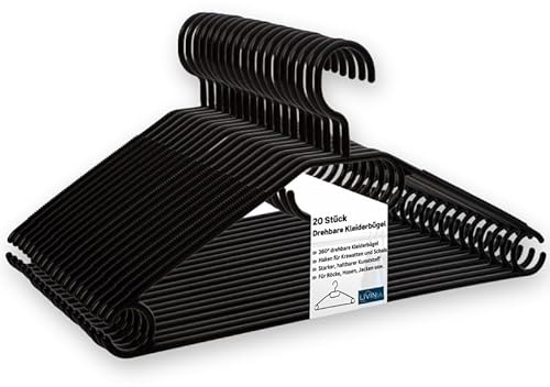 Livinja Kleiderbügel schwarz 20 Stück mit drehbaren Haken, Kleiderbügel Kunststoff, Kleiderbügel Plastik schwarz, Made in EU, Kleiderbügel Haken platzsparend, 100% Recyclingmaterial
