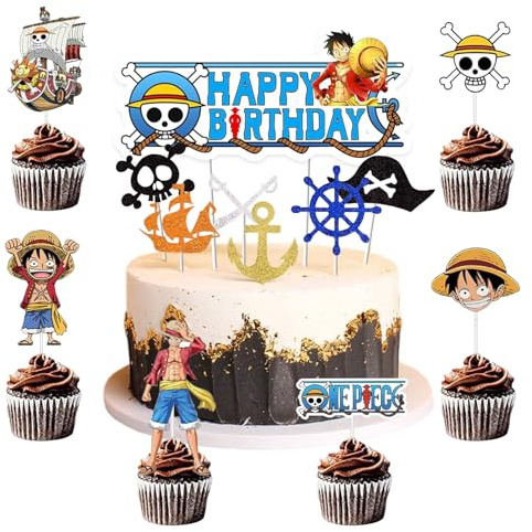 Ctxtqtdt 25 Stück One Piec Tortendeko Jungen, One Piec Kuchen Deko Kindergeburtstag, Cake Topper Set, Happy Birthday Topper für Kinder Geburtstag Party Kuchen Dekoration Supplies (A) | Cake Topper aus Papier Jungen Mädchen, Happy Birthday Topper, Geburtstag Party Supplies
