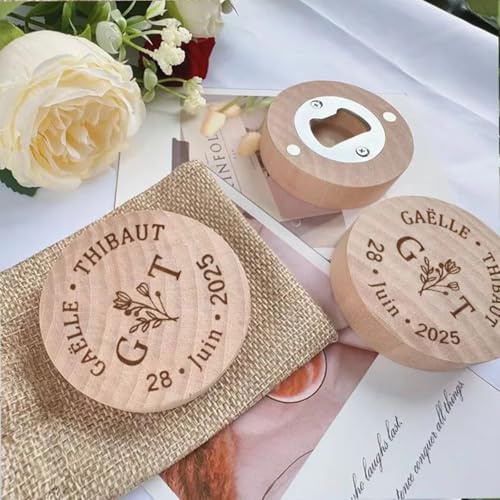 Abridor de botellas de cerveza redondo de madera grabado personalizado con imán para nevera, abridor de botellas para dama de honor, recuerdos de boda, baby shower, regalo de bautizo personalizado (50