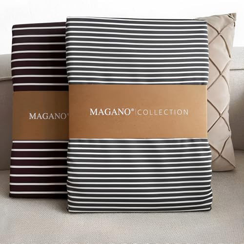 MAGANO® Luxus Spannbettlaken 180x200 Streifen Grau/Weiß | Für Boxspringbett Topper | Bambus & Baumwolle Satin | 400 TC Premiumqualität | Spannbetttuch Bettlaken 180x200 cm | Off-White