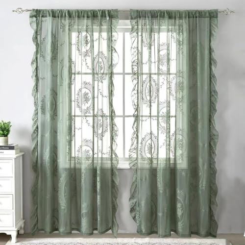 Transparent Vorhang Französische Spitze Barock Rosemuster Spitzengardinen | Gardinen Spitze Vintage Durchsichtig Spitzenvorhang Dekovorhang für Schlafzimmer Wohnzimmer 2 Stück Dunkel Grün 140x200