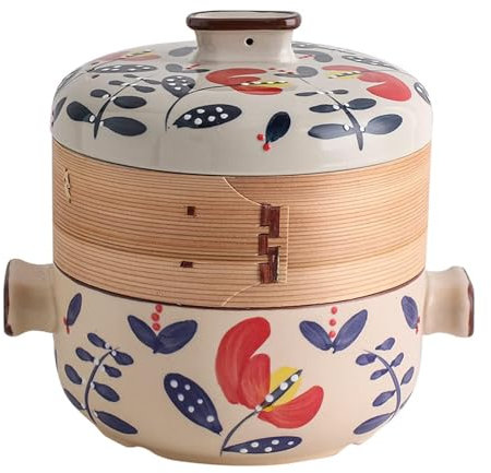 Japanese Casserole Pot with Bamboo Steamer Basket, Ceramic Casserole Clay Pot Steam Stew Pot for Kitchencooking,A,4L