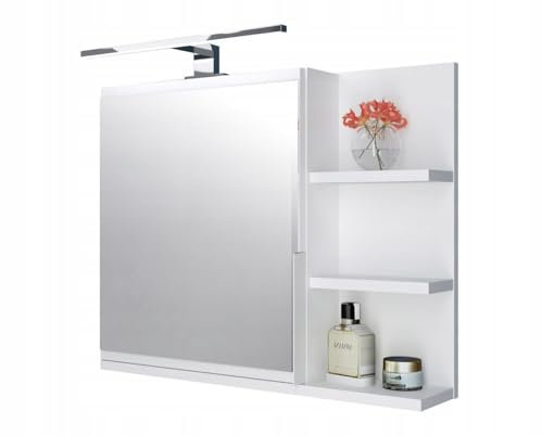 FreshYou Mobiletto a specchio 60x50 bianco, per il bagno con mensole, specchio da bagno, mobiletto sospeso - da parete, LAMPADA LED - Destra