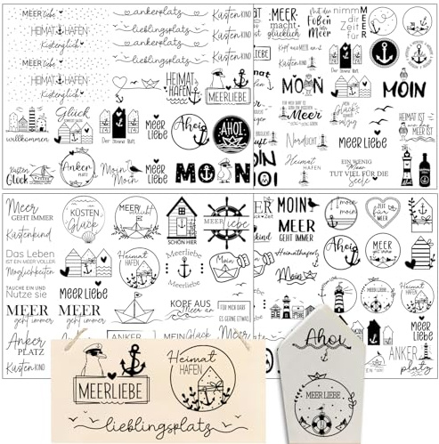 Hongma Rub On Sticker Meer ca.A5 14x19cm 4PCS Transfers Sprüche für Raysin | Rub On Folie Rubons Aufkleber für Untersetzer Transferfolie für Raysin für Keraflott Gips Möbel Glas Holz DIY (Meer)