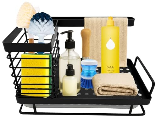 SAAIF Spülbecken Organizer – Küchen Organizer mit Spültuchhalter und Abflusspfanne – Edelstahl Spülorganizer für Spülschwamm, Bürste, und Seife für Küche Spülutensilien Aufbewahrung. (Black)