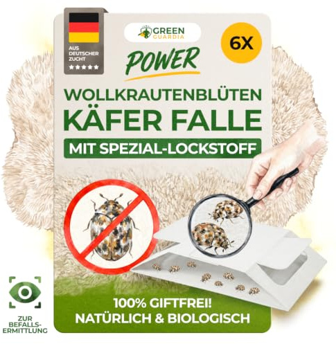 GREEN GUARDIA Wollkrautblütenkäfer Falle mit Spezial-Lockstoff - 6X Fallen - umweltfreundlich Wollkrautblütenkäfer bekämpfen, Chemiefreie Pheromonfalle mit Klebeflächen