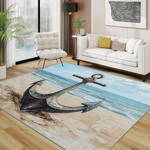 Generisch Anker Teppich Schlafzimmer, Nautisch Meer Küste Teppich 120x170 cm, Strand Waschbar Kurzflor Antirutsch Teppiche Für Wohnzimmer Schlafzimmer, Braun Blau