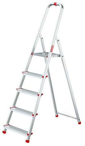 Baulich - Aluminium Leiter - 5-stufige einseitige Haushaltsleiter, Haken und Füße 4 Stück inklusive - Ergonomisches Design, leicht zu transportieren - 168x45x12cm - Belastbarkeit bis 125 kg