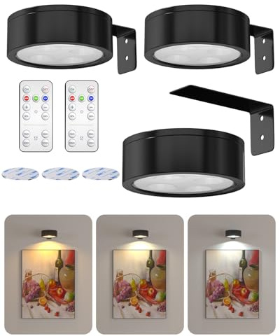 Lustaled Luces para Cuadros Inalámbricas con Mando a Distancia, Lámparas LED Magnéticas con Temporizador, Regulables y 3 Temperaturas de Color para Vitrinas, Arte, Diana(Pilas no incl.), 3 Piezas