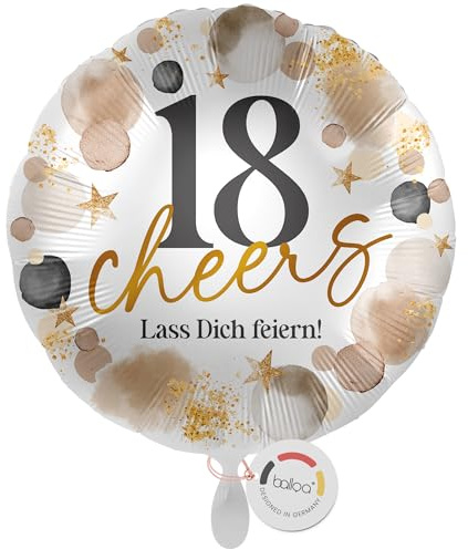 balloa Folienballon 18 cheers Lass dich feiern, Helium Ballon rund, Luftballon Geburtstag Mädchen Junge Teenager Geschenk Deko Ballon 18 Jahre Party Feier Ballondeko, 33cm