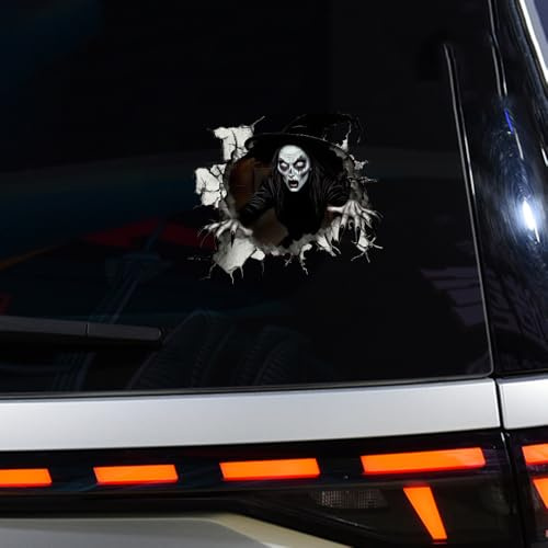 Calcomanía de Halloween para coche, diseño de grieta de terror en 3D, de doble cara, personajes de película de terror, calcomanías de vinilo aterrador para ventana, decoración de Halloween (bruja)