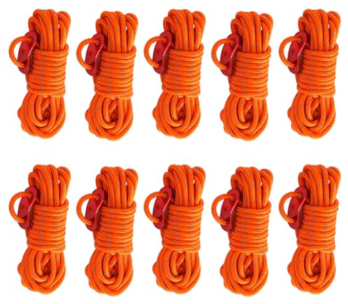 Reflective Tent Guy Ropes, 10 PCS Tent Guide Rope Cord, 4M Long Camping Guy Lines 4mm Light-Weight Ropes Cord (Orange)