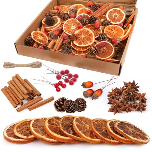 Joxessaien 230 Stück Weihnachtskranz Deko, Adventskranz Zubehör, Getrocknete Orangenscheiben, Zimtstangen, Sternanis, Schaumbeeren, Tannenzapfen, Künstliche Beeren, Juteseil für Weihnachtsdeko Set