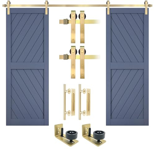 Rio Salto Gold Barn Door Hardware Kit Double Door Sliding Hardware Modern Barn Interior Gold Brushed Brass Panel Hardware - 12ft - Hardware ONLY (Hardware Kit Plus, 12ft - Double Door)