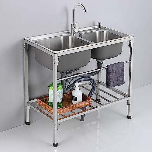 HYJAUSXB Lavamani a Doppia Vasca in Acciaio Inox per ristoranti Commerciali, Gambe, per Uso Esterno in Cucina e Garage