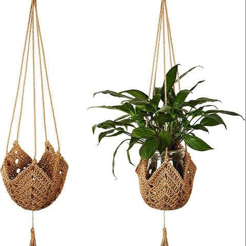 Graceever Set di 2 cesti di fiori appesi in corda di iuta macramé con ganci per appendere la decorazione di interni ed esterni, 96 cm, colore: Marrone