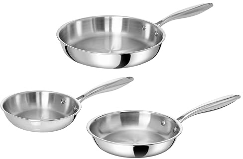 TeCuisine - Lot de 3 Poêles Inox 18/10 Triply – 18 cm – 22 cm – 26 cm – Sans Revêtement – Sans PFAS, PFOA, PTFE – Compatible Tous Feux Dont Induction – Manche Riveté Froid – Cuisson Saine et Durable