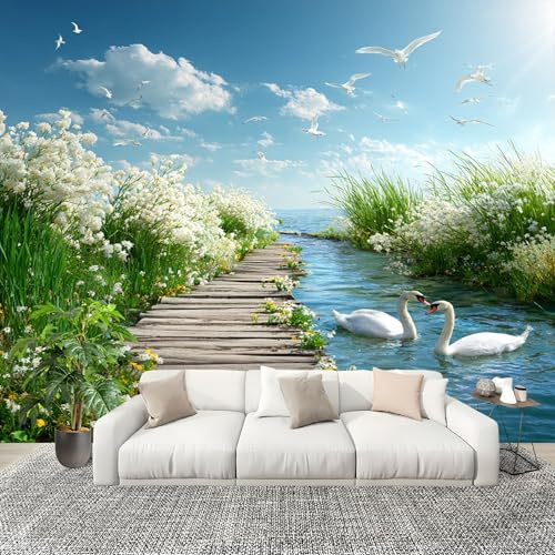 Générique Grande taille Papier Peint de Photo 200x140 cm Cygne, Verdure Et Vue Sur Le Lac Peler Et Coller Papier Peint Panoramique intissé Murale Bleu Pour Salon Chambre Enfant Chambre Décoration