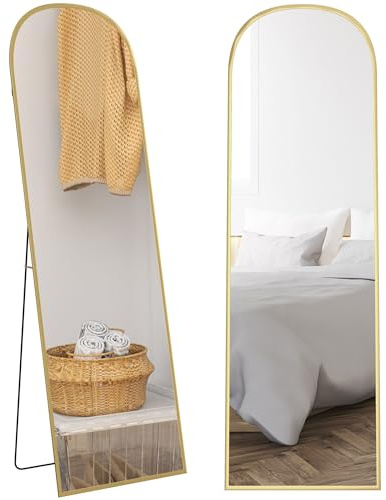 HOMCOM Miroir sur Pied Miroir Mural Rectangulaire Arrondi 50x161,5 cm Doré | Cadre en Aluminium, Support, pour Entrée, Chambre, Dressing