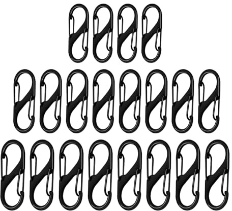 ZMZaoan Lote de 20 Mosquetones en Forma de S - 3 Tamaños 48/40/32mm, Doble Seguro Metálico, para Camping, Senderismo, Viajes, Bicicleta, Organización (Negro)