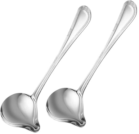 JYYWTSI Set de 2 Cucharas para Salsa Pico de Pato, Cucharón de Sopa de Acero Inoxidable 20 cm Mango Ergonómico Vertido Preciso, Utensilio de Cocina Versátil para Sopas Salsas Aderezos y Jugo de Asado