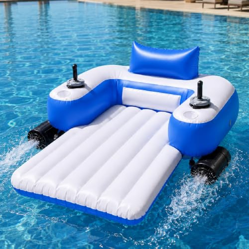 Sushangmao Flotador Motorizado para Piscina para Adultos, Tumbona Hinchable Recargable con Opciones de Motor Simple/Doble, Control Joystick 360°, Batería de 5200 mAh, Portavasos B