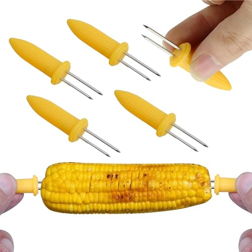 4Pcs Corn Holders 6cm, Stainless Steel Corn on The Cob Skewers, Home and Camping BBQ Grill BPA Free Corn Cob Forks with Plastic Handle for Parties, Picnics, Camping and Food Festival