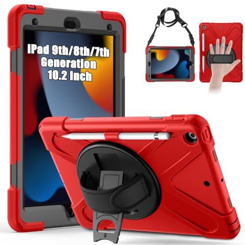 Gerutek Coque Antichoc iPad 10.2, iPad 9ème/8ème/7ème Génération, Étui de Robuste avec Porte-Stylet, Support Pivotant, Bandoulière et dragonne, résistant Housse pour iPad 10.2 2021/2020/2019, Rouge