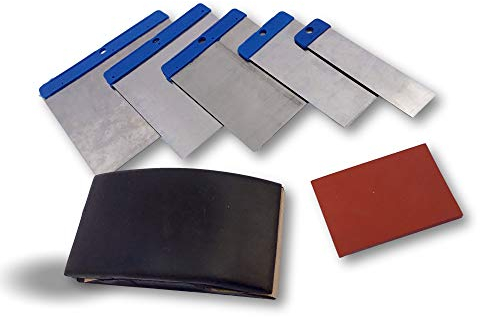 Trousse couteaux de carrossier | Lot de 3 | 5 spatules japonaises pour mastic enduit + mini cale caoutchouc + cale caoutchouc à poncer | Acier poli | Largeurs 25-50-80-100-120 mm | Kibros W116_divx3
