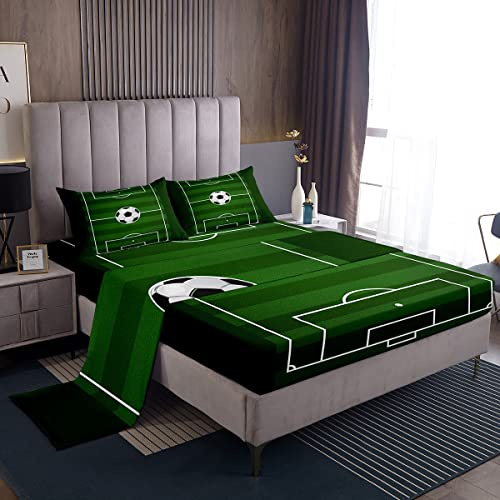Loussiesd Juego de sábanas de fútbol Deportivo para niños, sábanas de Campo de fútbol para niños, Juego de Ropa de Cama de Pelota de fútbol, 1 sábana encimera, 1 sábana Bajera y 2 Fundas de Almohada,