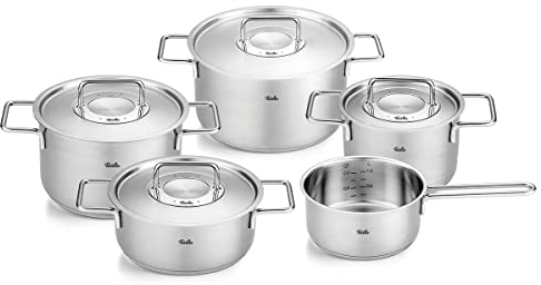 Fissler Pure Collection/Edelstahl-Kochtopfset, 5-teilig, Töpfe mit Metall-Deckel (3 Kochtöpfe,1 Bratentopf 1 Stielkasserolle) - Induktion