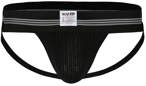 GYM Mens Old School Jockstrap with 2 Waistband (Black, Large)
