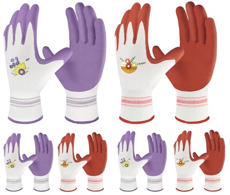 Velway 6 Pares de Guantes de Jardinería para Mujeres - Recubiertos de Goma Transpirables - Protección con Agarre - Regalos para Jardinería - Rojo/Morado Mediano