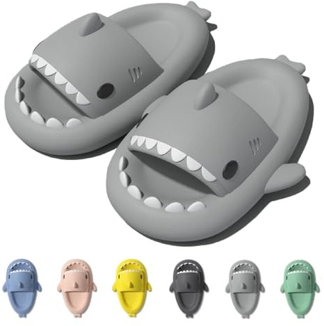 IDEINER Haj Tofflor för Kvinnor Herrar Shark Slippers Sommar Fisk Sandaler Hajskor Glidskydd Bekvämt Mjuka Flip-flop Gummi Beach Pool Sharky Slides Vuxna Unisex Grå Storlek EU 40/41