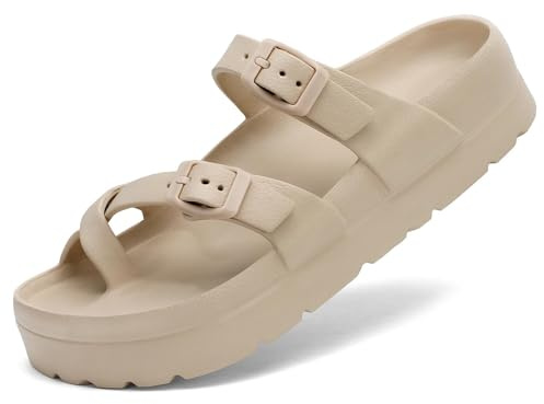 Waysoland Plattformssandaler för kvinnor med fotvalvstöd, bekväma glidskenor tjocka sulor, platta sandaler med justerbart spänne och ultrakudde, BEIgE, 38 EU