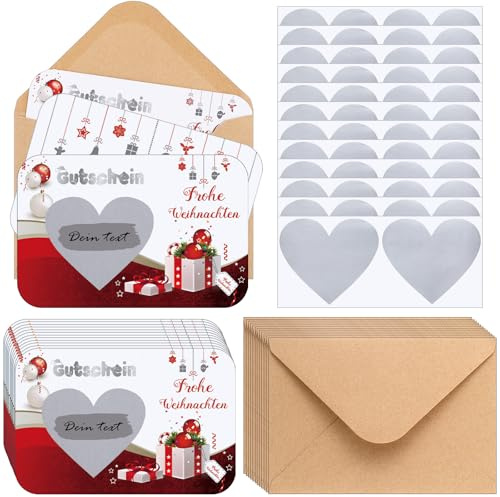 Clabby 12 Weihnachtsgutschein Rubbelkarte 12 Umschläge aus Kraftpapier 12 Rubbelaufkleber Gewinnendes Rubbellos Herzförmige Rubbelkarte Weihnachten Geburtstagsparty Zubehör Urlaubsaktivitäten