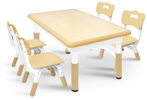 Froadp Barnbord med 4 stolar plast barnstol grupp justerbar höjd barnbord stol set barnmöbler multifunktionell sittgrupp för pojkar och flickor i åldern 2–10 år, träfärg